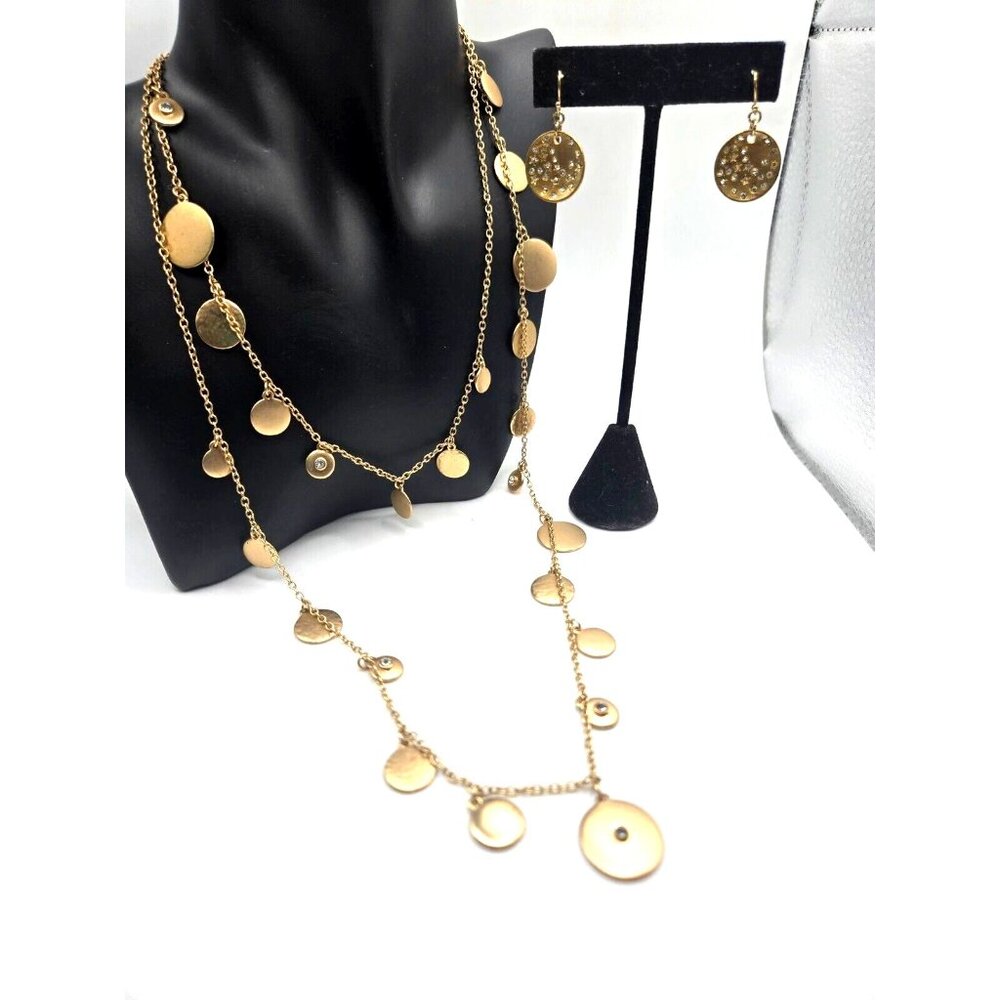 Vintage Long Gold Multi Disc Necklace and Matching Earrings with rhinestones